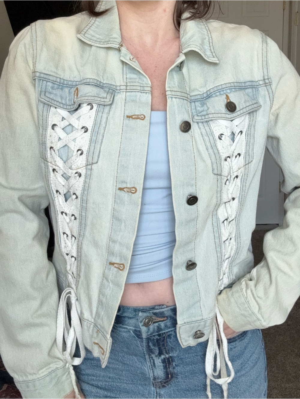 Light Wash Lace-Up Denim Jacket - Women's